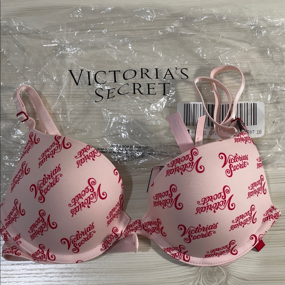 Victoria's Secret Logo Print Bra in Pink and Red